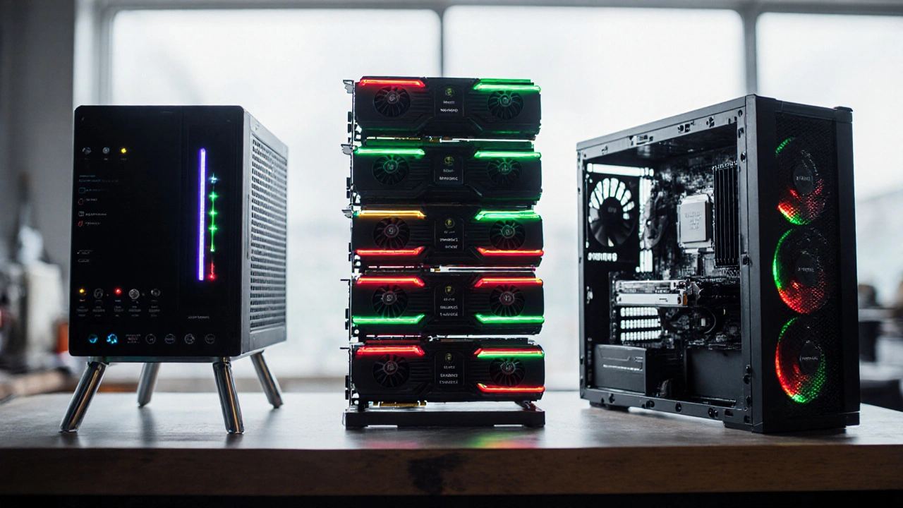 Drei Mining‑Geräte: ASIC‑Miner, GPU‑Rig und CPU‑System nebeneinander auf Werkbank.