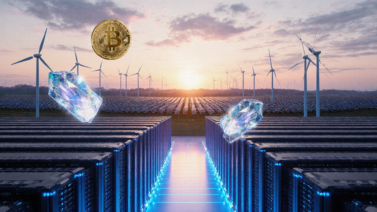 Nachhaltiger Mining‑Komplex mit Solarpanelen, Windkraft und schwebenden Kristall‑Coins.