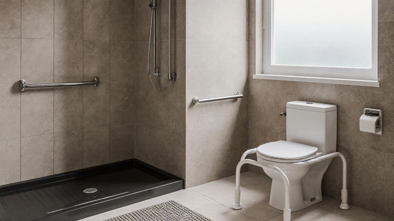 Barrierefreies Badezimmer mit niedriger Duschschwelle, Haltegriff und erhöhter Toilette.