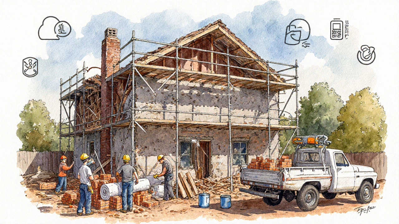 Bauarbeiter renovieren das Haus, Materialien und Geräte sichtbar.