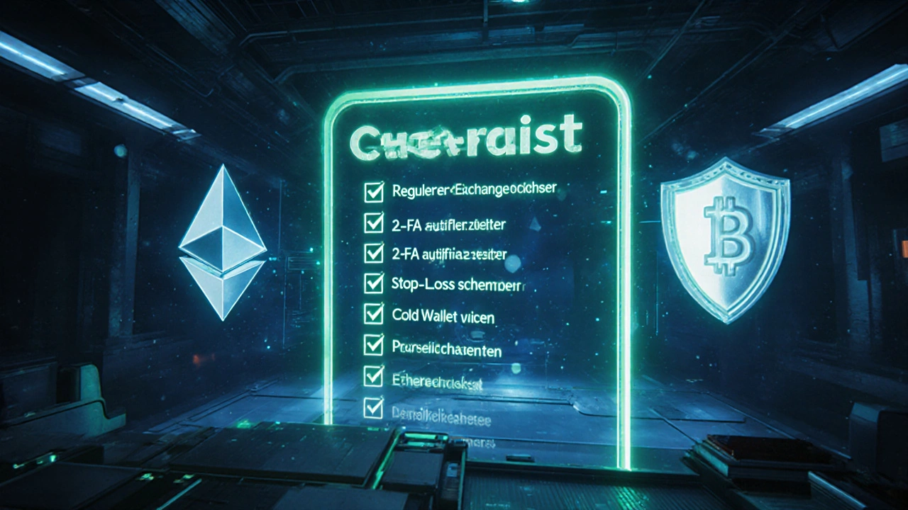 Checklistentafel mit abgehakten Sicherheitspunkten und Kryptosymbolen.
