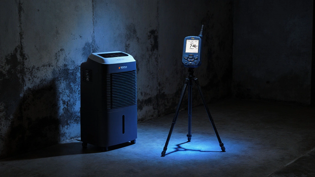 Elektrischer Luftentfeuchter in einem Keller mit sichtbarem Schimmel an der Wand und professionellem Messgerät.