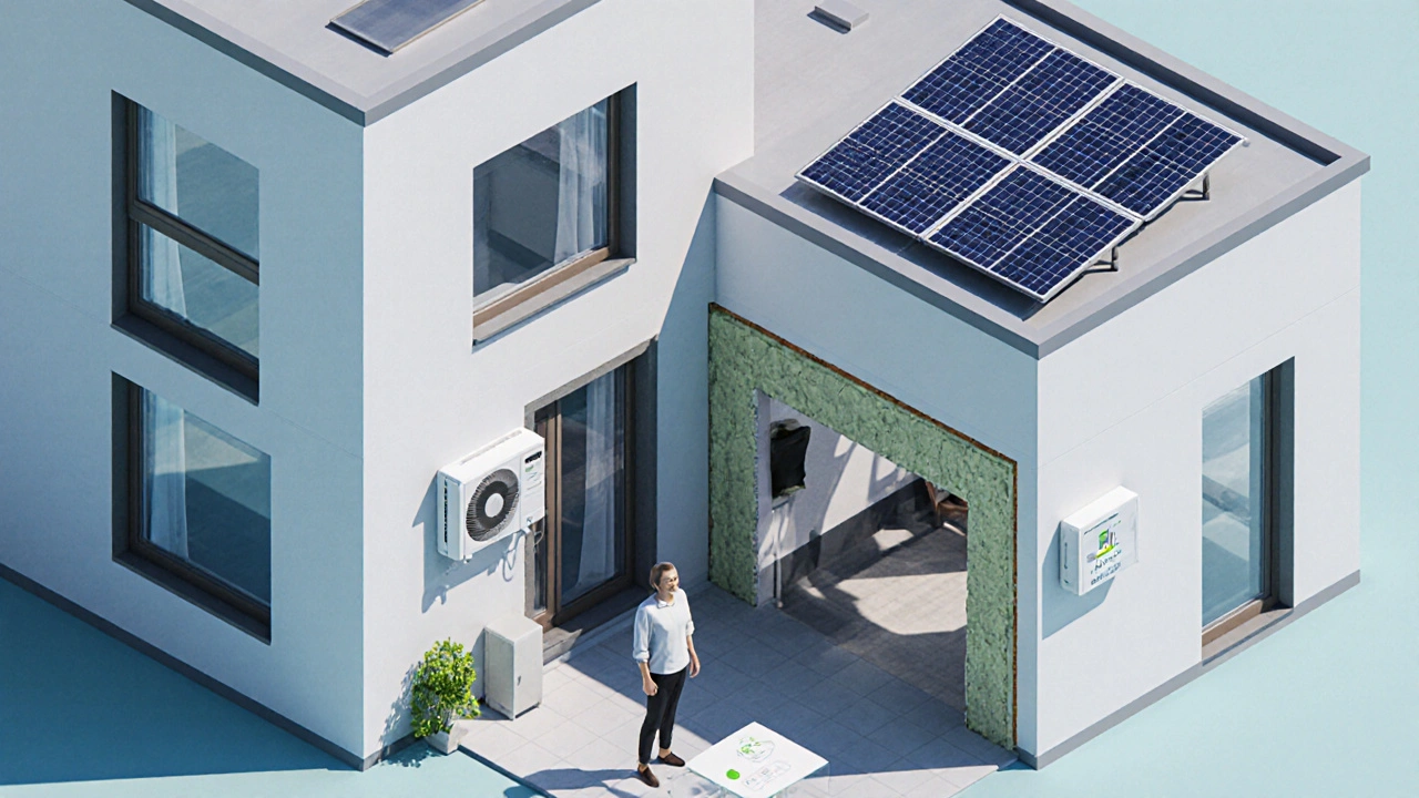 Energieeffiziente Wohnung mit neuen Fenstern, Dämmung, Solarpanel und glücklichen Eigentümer.