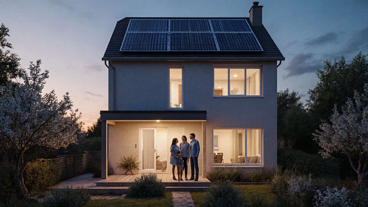 Familie steht vor vollständig saniertem, energieeffizientem Haus.