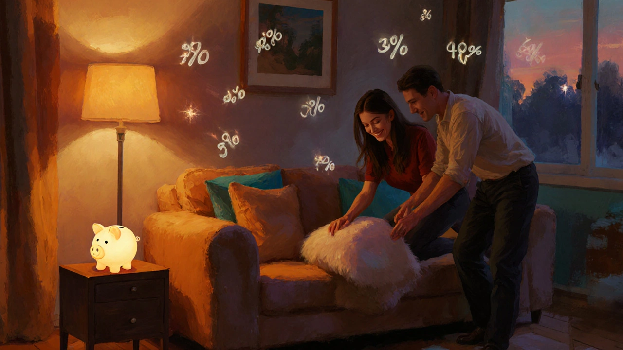 Gemütliches Wohnzimmer, neues Sofa, glühendes Sparschwein, entspannte Atmosphäre.