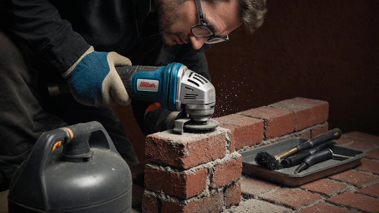 Handwerker mit Schutzbrille nutzt Einsteck‑Klingen‑Handsäge, um alte Mörtelfugen zu entfernen.