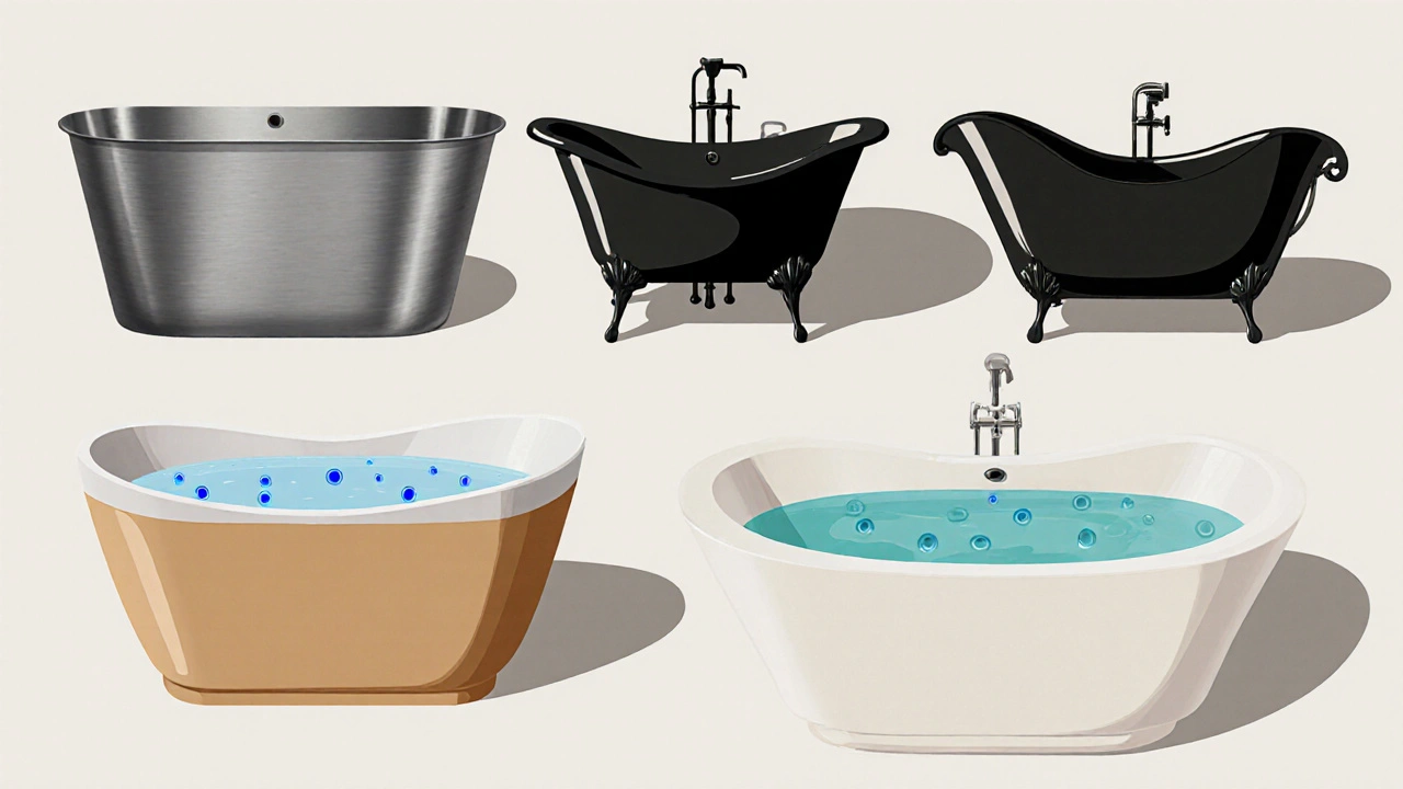 Illustration verschiedener Badewannentypen von Stahl bis Whirlpool.