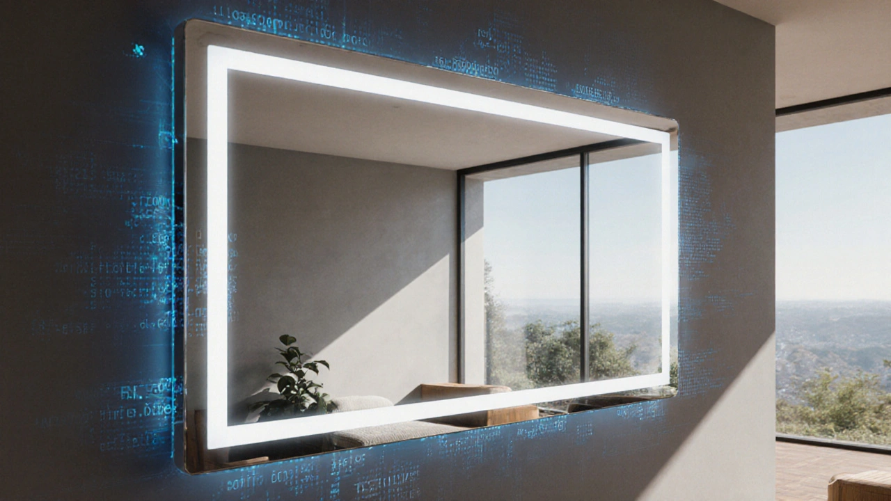 Intelligenter Spiegel mit eingebauter Beleuchtung, der Raumhelligkeit automatisch anpasst und modern wirkt.