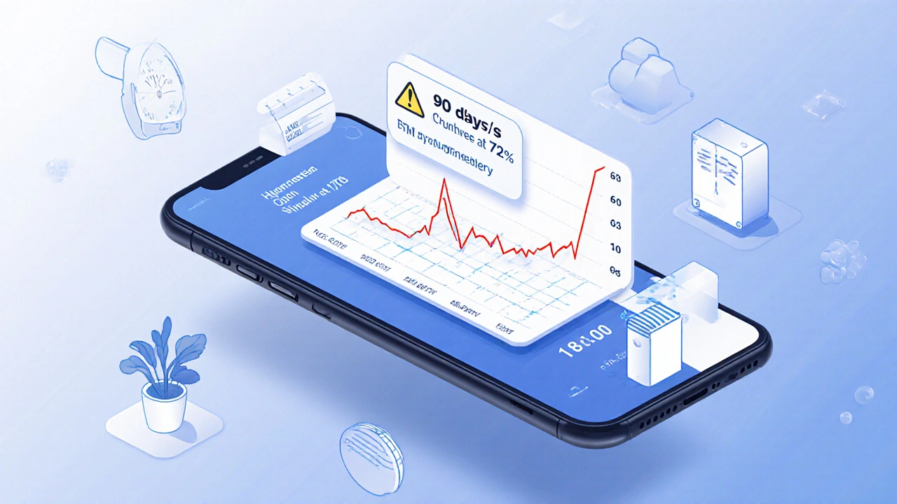 Künstlerische Darstellung einer Smart-Home-App mit 90-Tage-Luftfeuchtigkeitsverlauf und Warnung vor Schimmel.