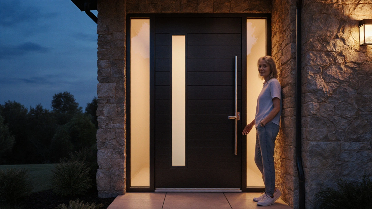Moderne Haustür mit Smart‑Lock, beleuchtet im Abendlicht, zufriedener Hausbesitzer vor der Tür.