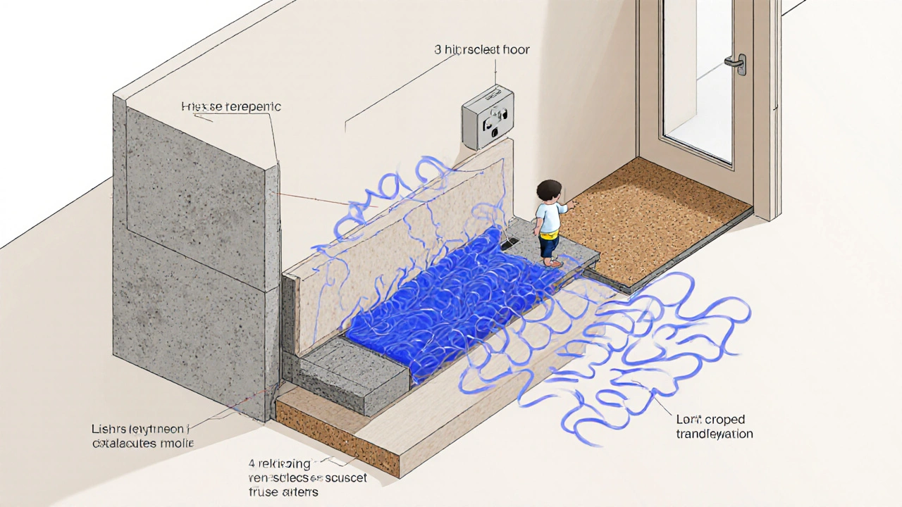 Querschnitt einer schalldämmenden Wand mit Mineralwolle und Entkopplungsschicht.