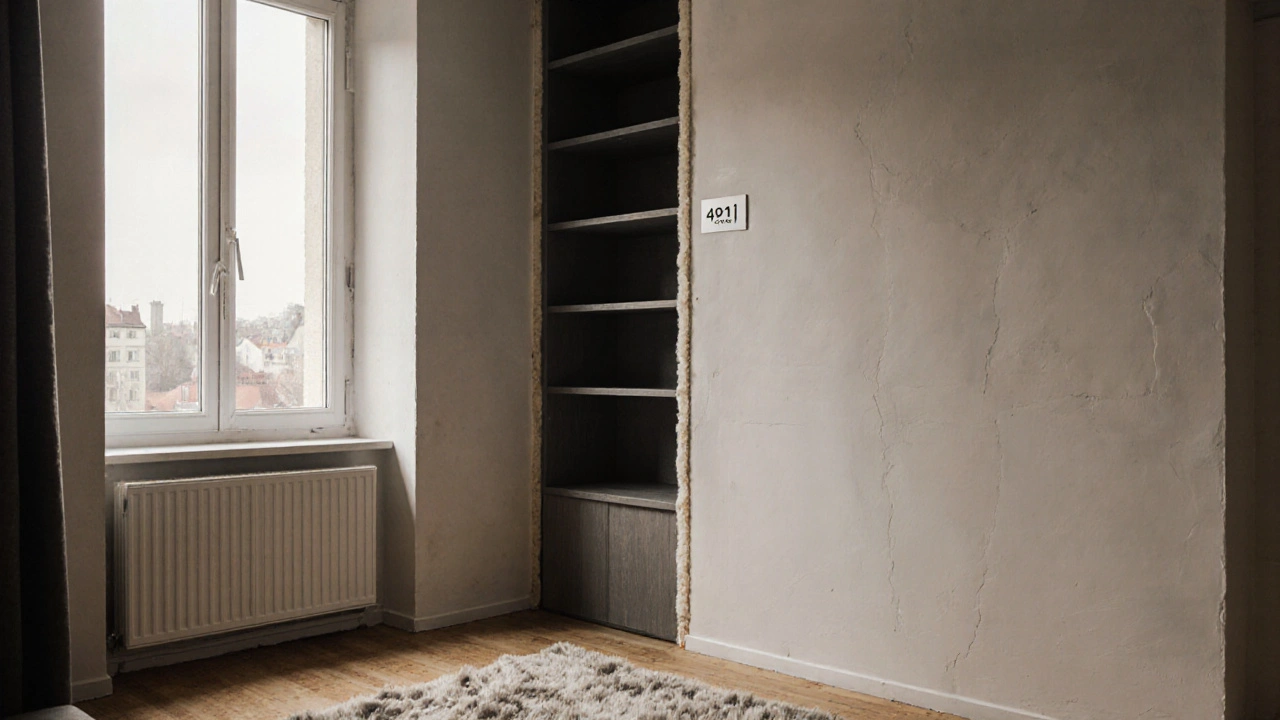 Ruhiges Wohnzimmer mit schalldämmender Wand, Bücherregal und Teppich nach Sanierung.