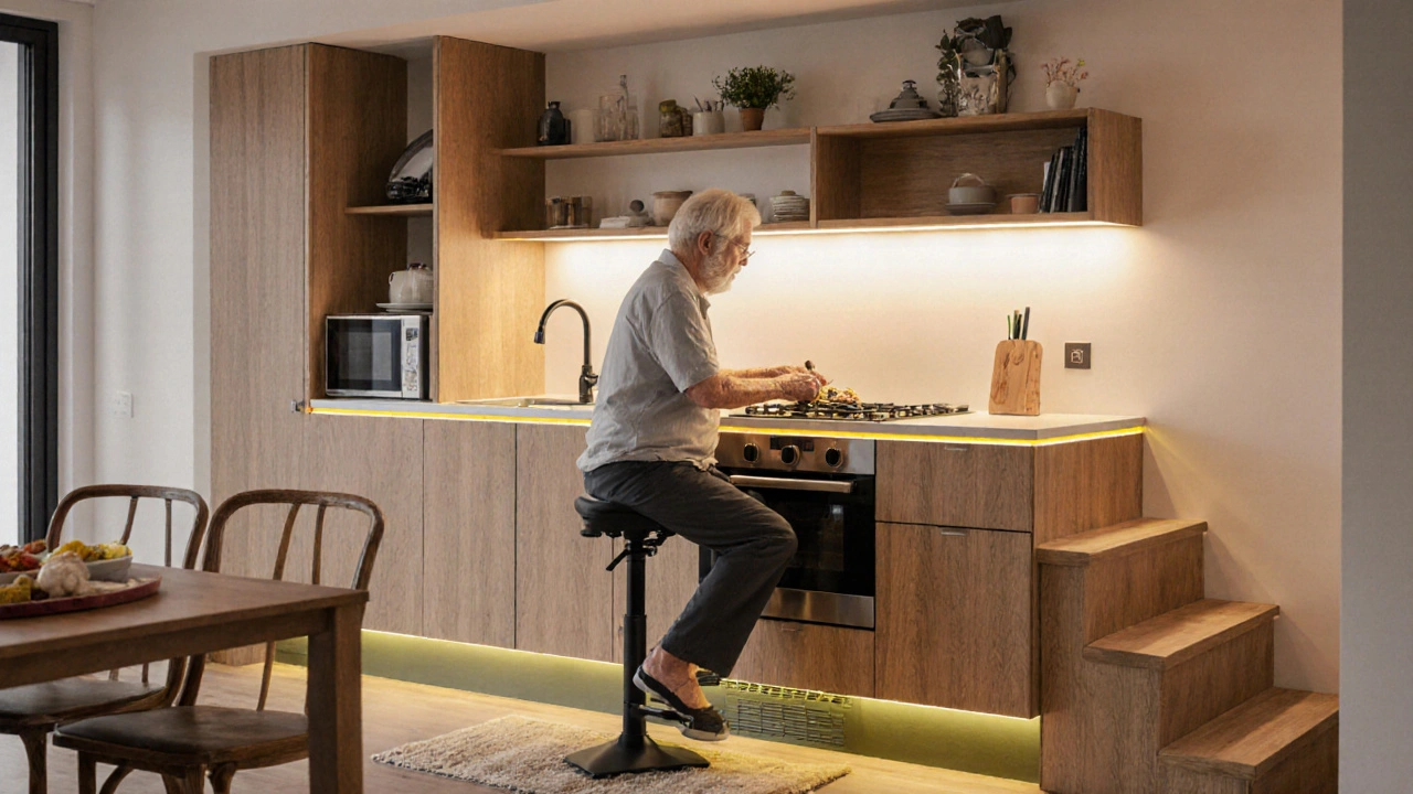 Seniorengerechte Küche mit anpassbarer Arbeitsfläche, guter Beleuchtung und kabelfreiem Boden.