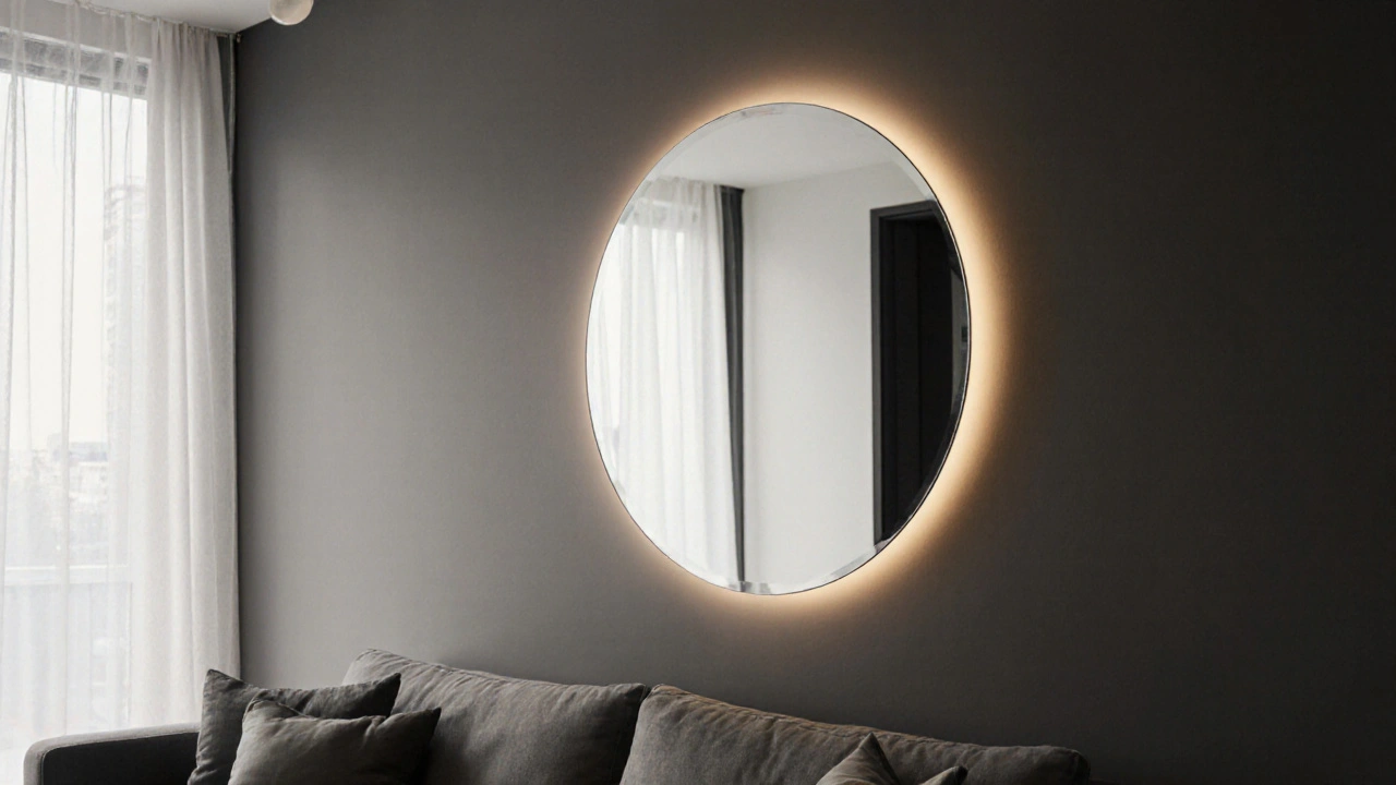Spiegel auf Augenhöhe, der Licht und Raumproportionen zeigt, ohne Unordnung oder Tür zu reflektieren.