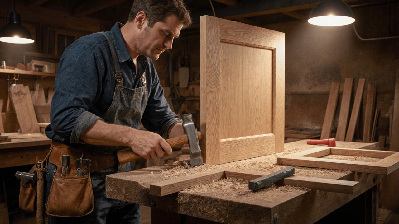 Tischler bearbeitet ein Holztürblatt, schneidet Seitenleisten und montiert neue Beschläge.