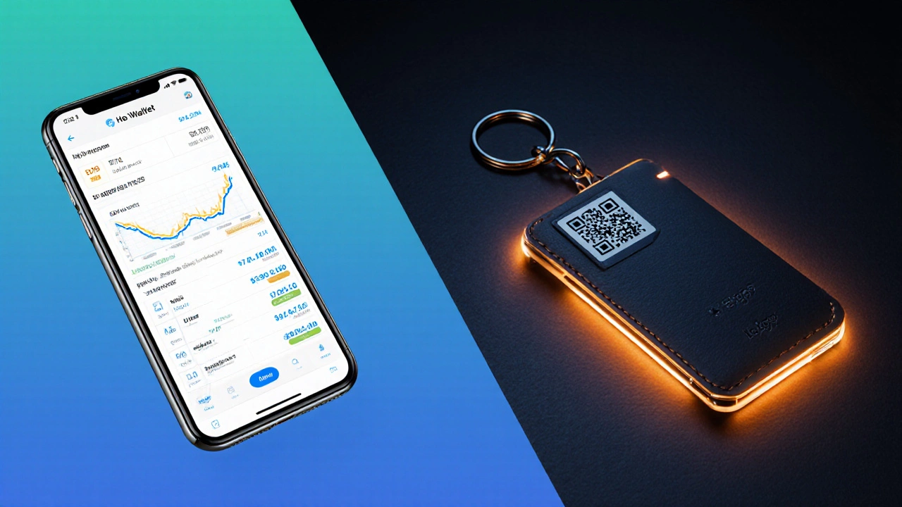 Vergleich von Hot Wallet (Smartphone) und Cold Wallet (Hardware‑Wallet) nebeneinander.