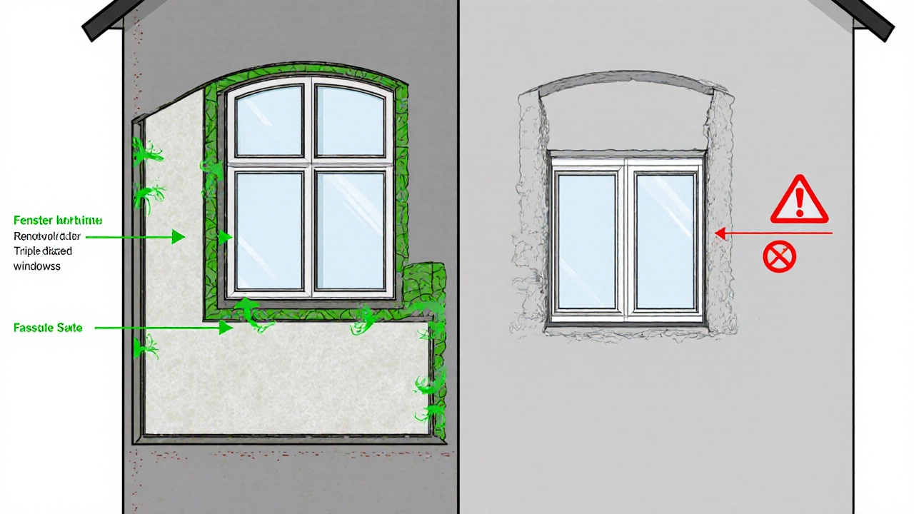 Vergleichsillustration: Fenster‑zuerst‑Integration versus Fassaden‑zuerst‑Lücken.
