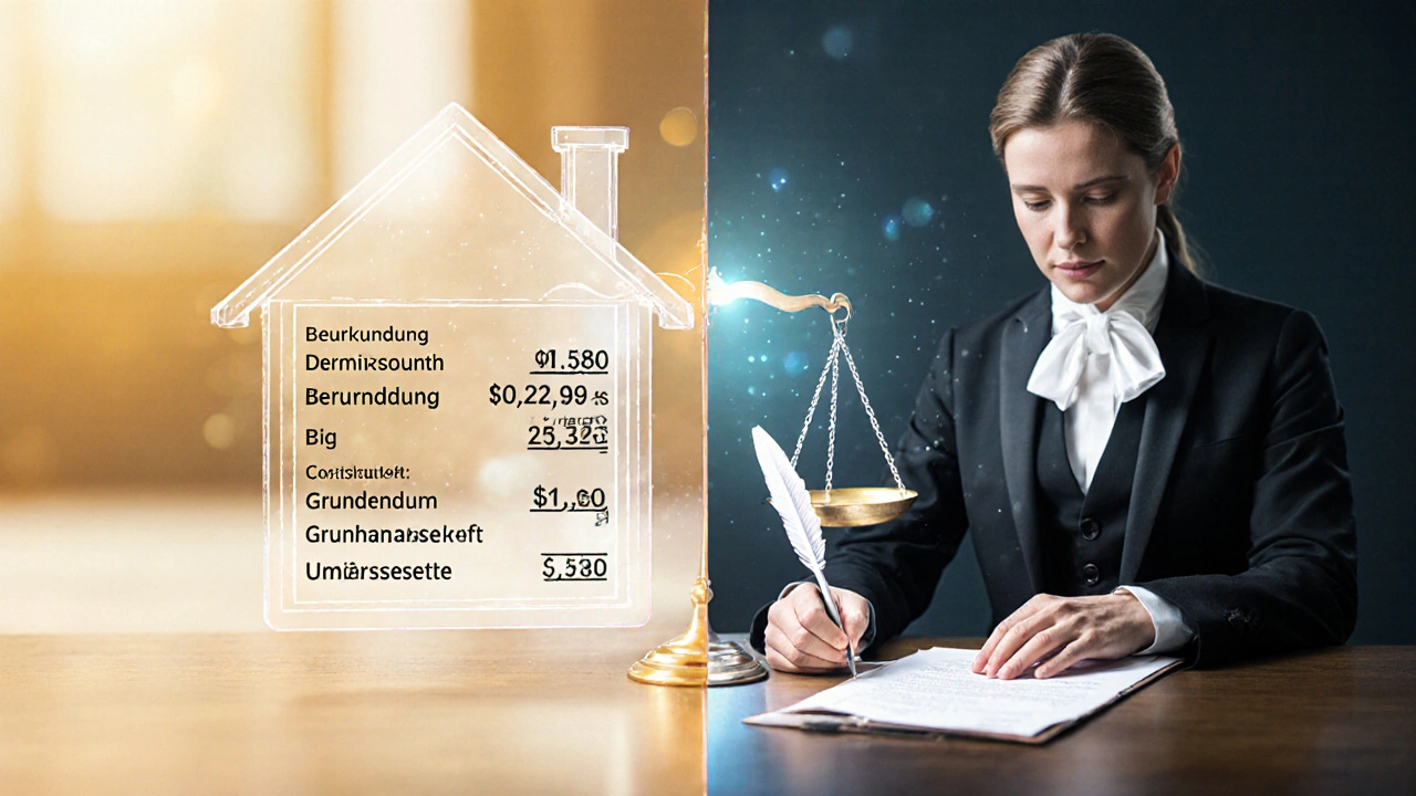 Digitale Kostenanalyse eines Immobilienkaufs neben einem traditionellen Notar mit Siegel.