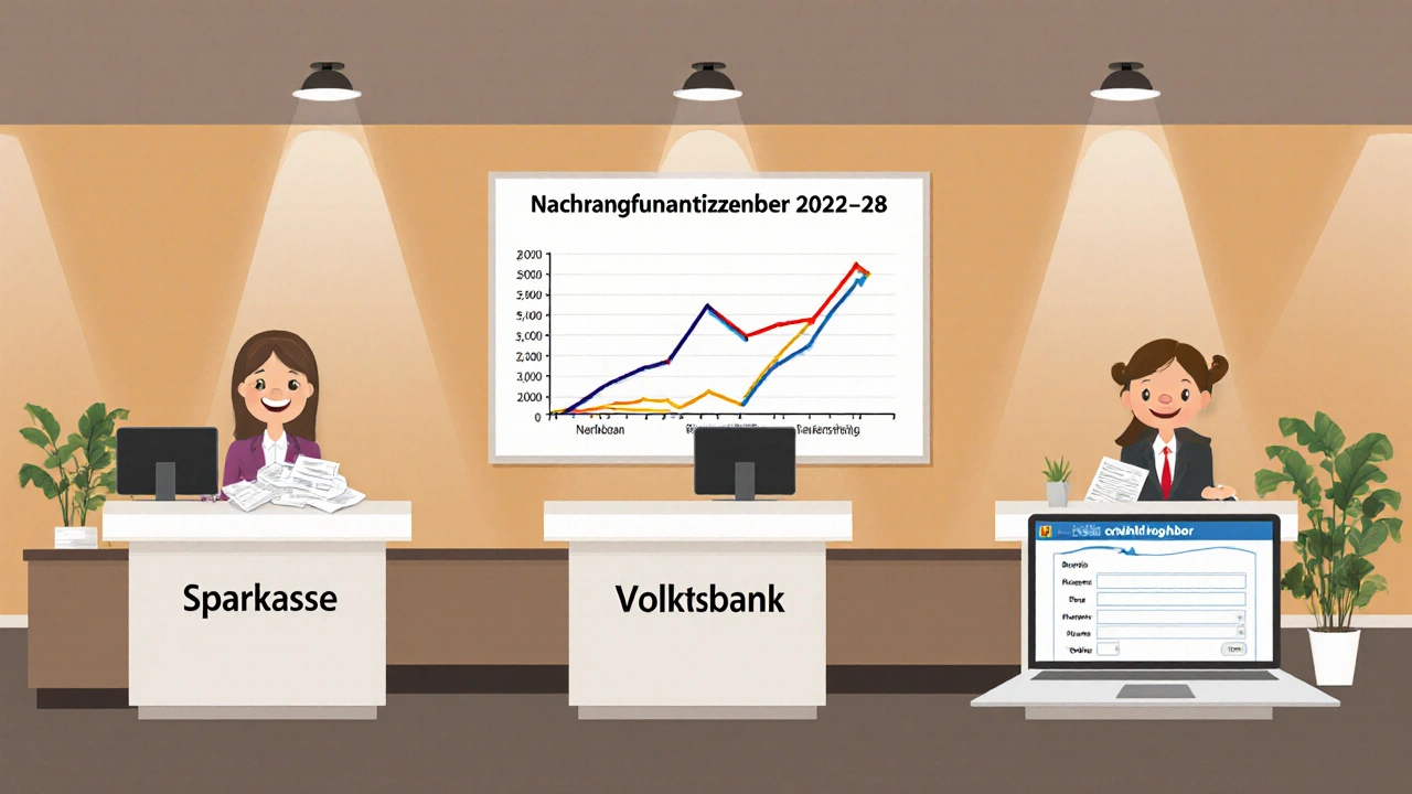 Drei Bankberater beraten Kunden zu Nachrangfinanzierungen in einem deutschen Bankraum