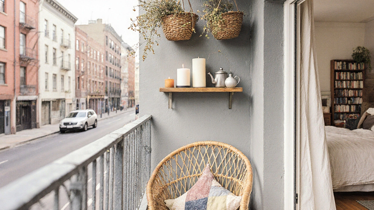 Ein kleiner Balkon mit getrockneten Blumen, selbstgemachten Kerzen und einem Rattanstuhl als ruhiger Rückzugsort.