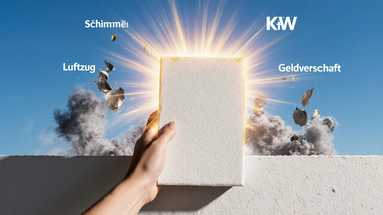 Eine Dämmplatte wird an eine Wand angebracht, während Mythen in Rauch aufgelöst werden.