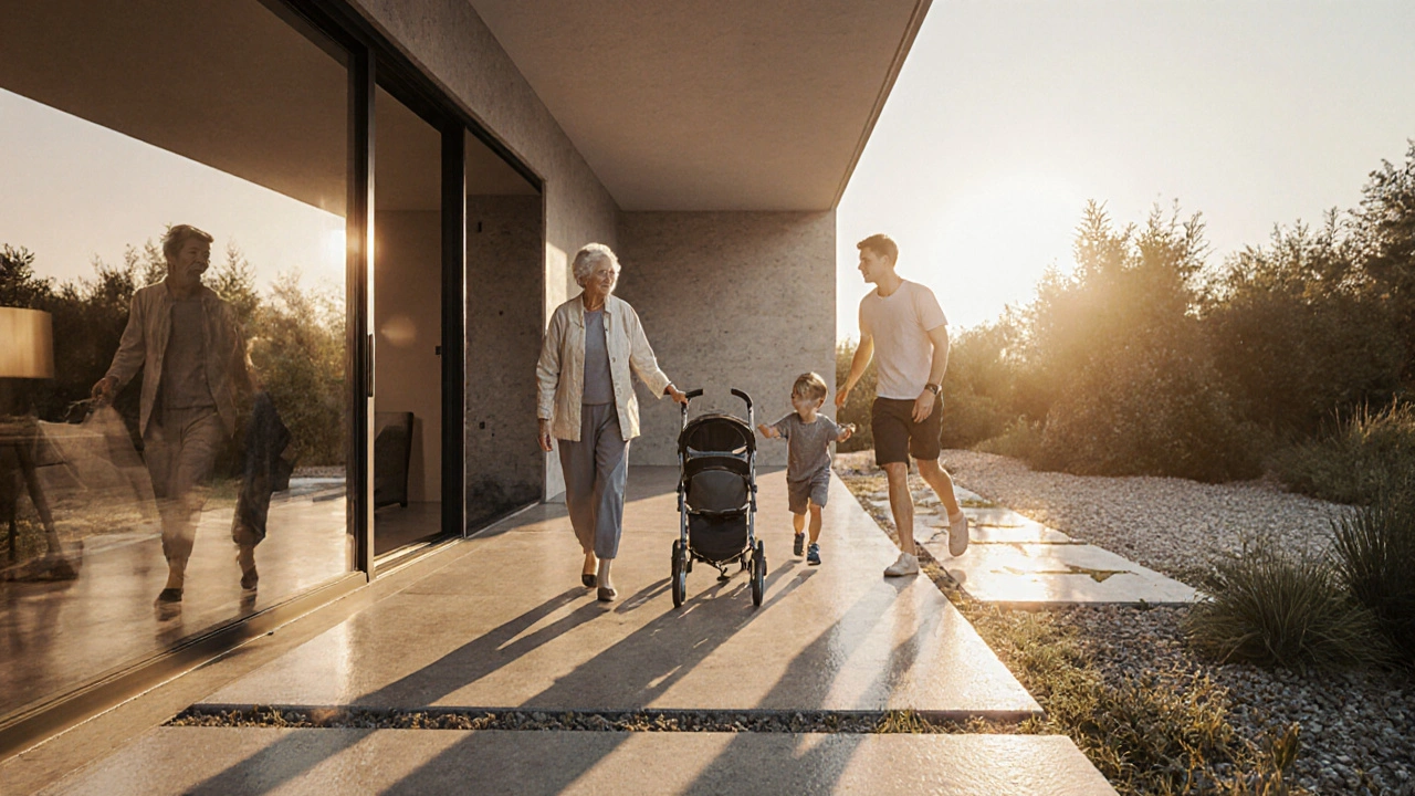 Eine Familie bewegt sich frei zwischen Innen- und Außenraum ohne Hindernisse.