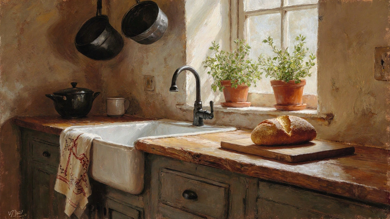 Eine rustikale Küche mit Emaillespüle, Holztisch und Kräutertöpfen am Fenster, warm und eingeladen.