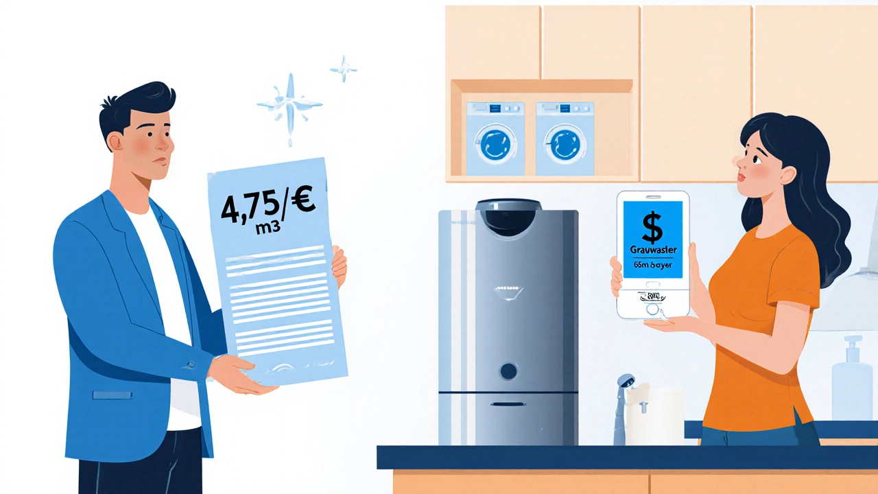 Familie vergleicht Wasserkosten: hohe Rechnung vs. Einsparung durch Grauwassersystem.