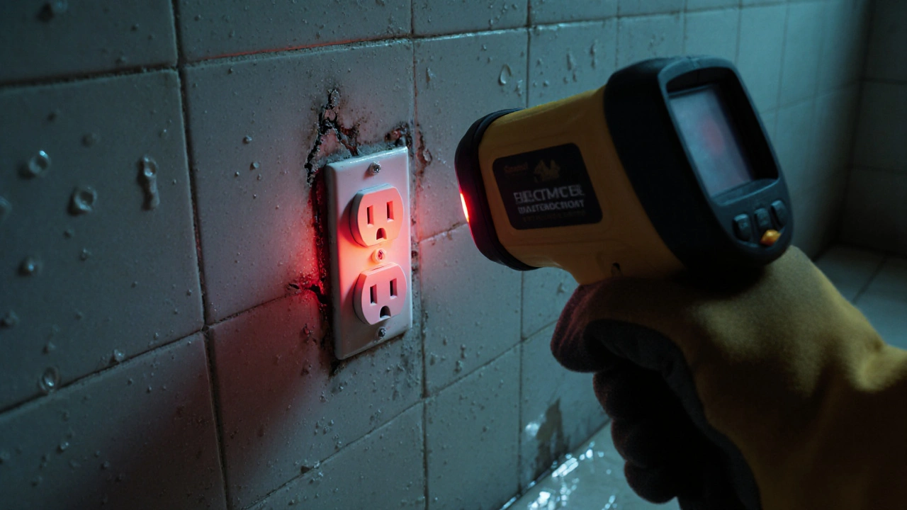 Feuchtigkeit und Verbrennungsspuren an einer veralteten Steckdose in einem Badezimmer.