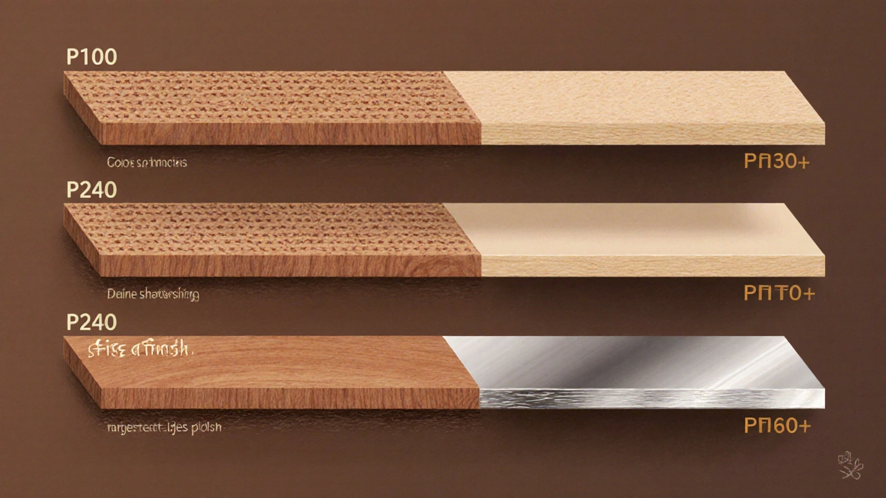 Four stages of wood surface refinement from coarse to mirror-like polish.