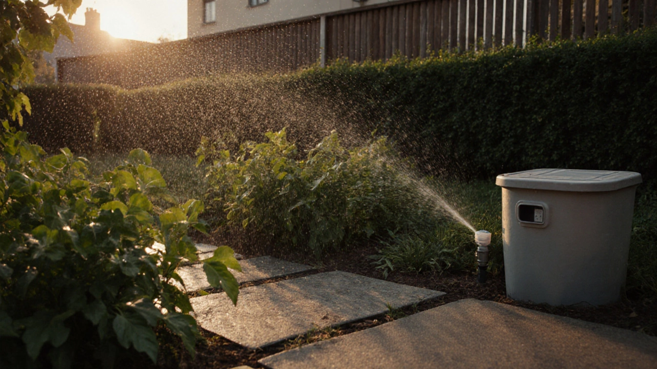 Garten in Berlin, der mit Grauwasser bewässert wird, bei goldenem Abendlicht.