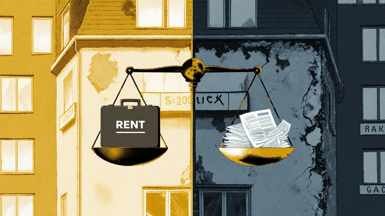 Gespaltenes Berliner Wohnhaus: eine Seite renoviert, die andere verfallen, symbolisiert Marktdivergenz.