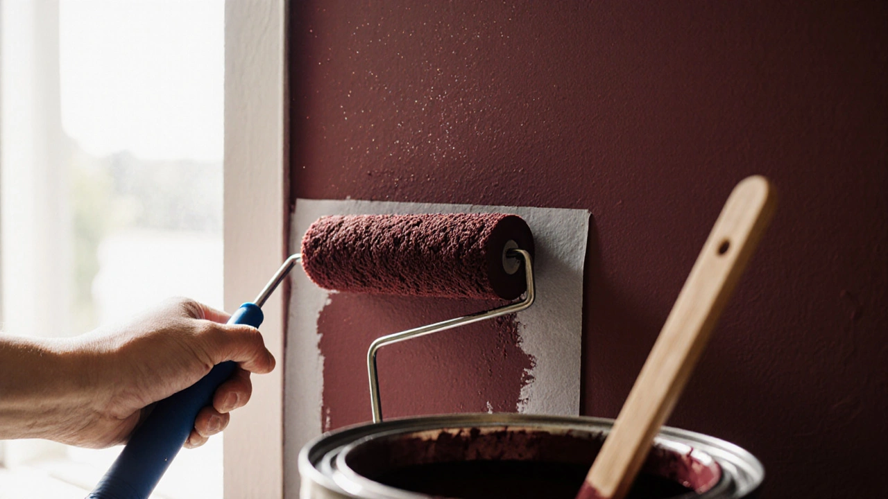 Hand beim Abkleben einer Wand für tiefrote Farbe mit Malerkrepp.