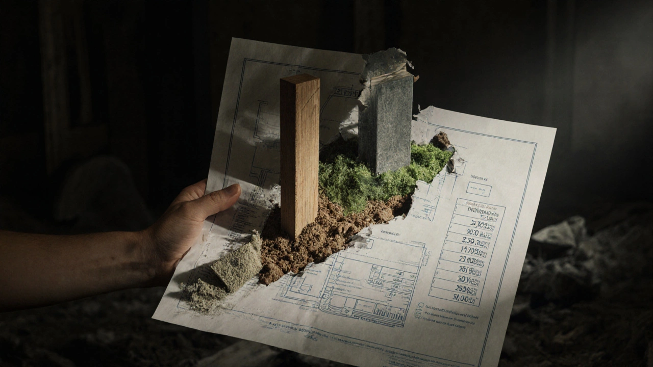 Hand hält Bauplan, der in Holz, Lehm und Hanf verwandelt wird, während Kunststoff und Stahl zerfallen, gedämpftes Licht, ökologische Symbolik.