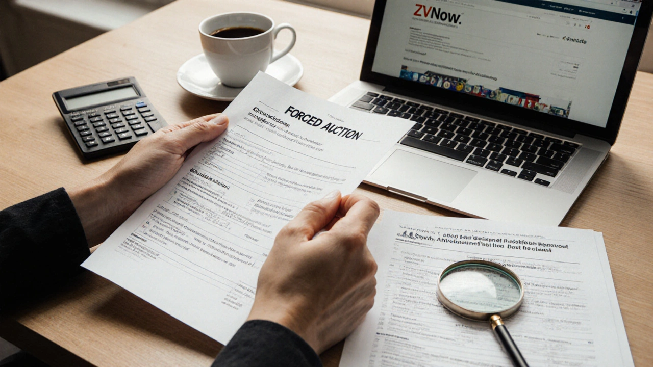 Hände halten Zwangsversteigerungsliste und Grundbuchauszug mit Rechner und Laptop.