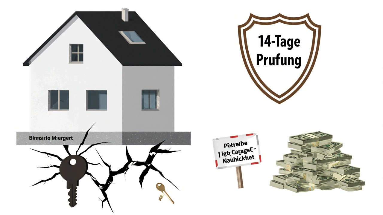 Haus auf instabiler Grundlage mit verborgenen Risiken, geschützt durch eine Prüfungs-Schutzschild.