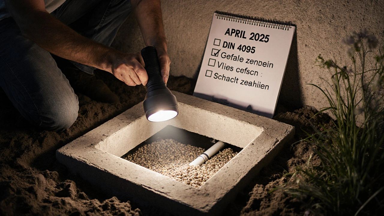 Hausbesitzer öffnet Prüfschacht im Frühjahr, um das Drainagerohr zu inspizieren, mit Kalender und Checkliste im Hintergrund.