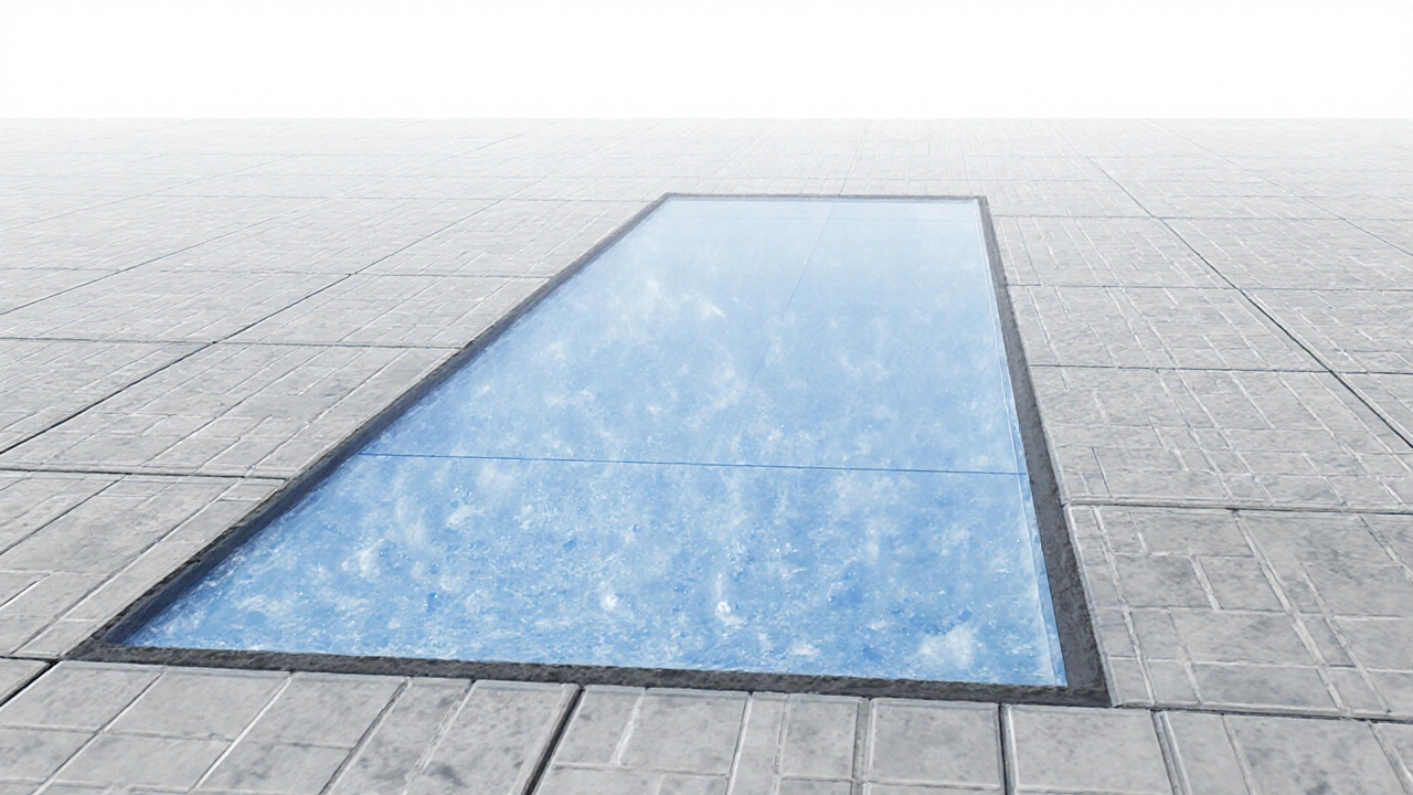 Hybrid-Boden aus Epoxidharz und Fliesen, mit Feuchtigkeitsströmen, die von beiden Materialien unterschiedlich behandelt werden.