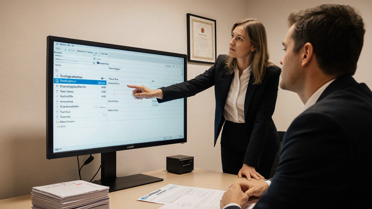 Immobilienanwältin erklärt einem Käufer die Grundbuchdaten an einem Bildschirm.