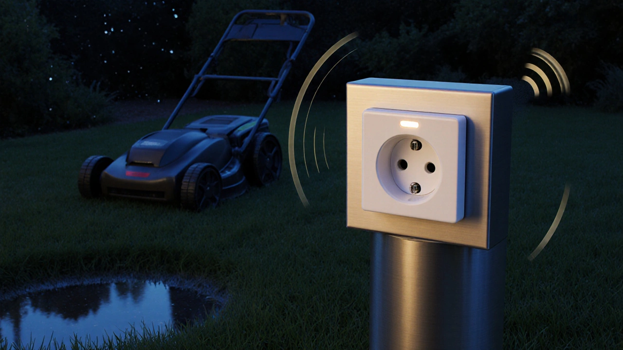 Intelligente Außensteckdose auf Metallpfosten im Dämmerlicht mit E-Auto-Ladeanschluss.