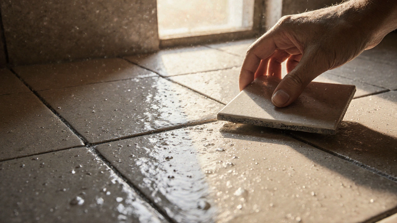 Keramikfliesen mit elastischen Fugen in einem feuchten Keller, eine Fliese wird gerade ausgetauscht.