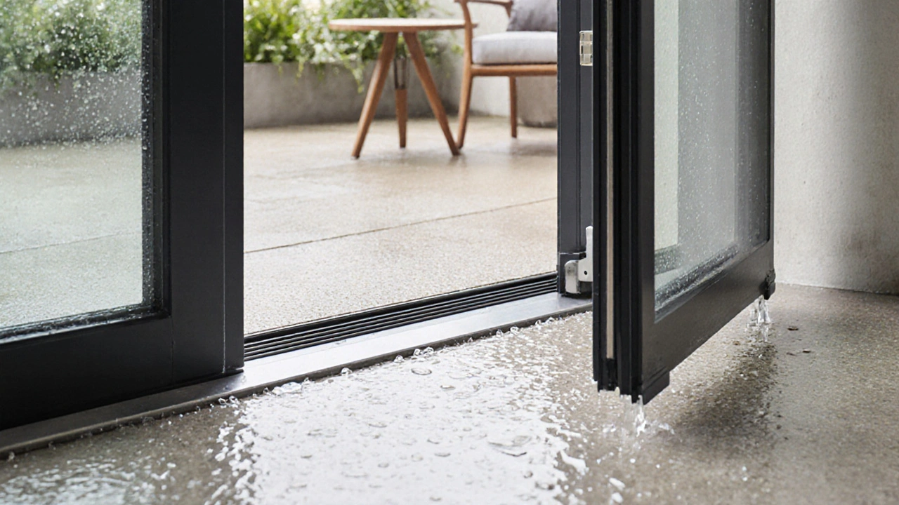 Magnetische Dichtung einer schwellenlosen Tür mit regenfeuchtem Boden und versteckter Entwässerung.