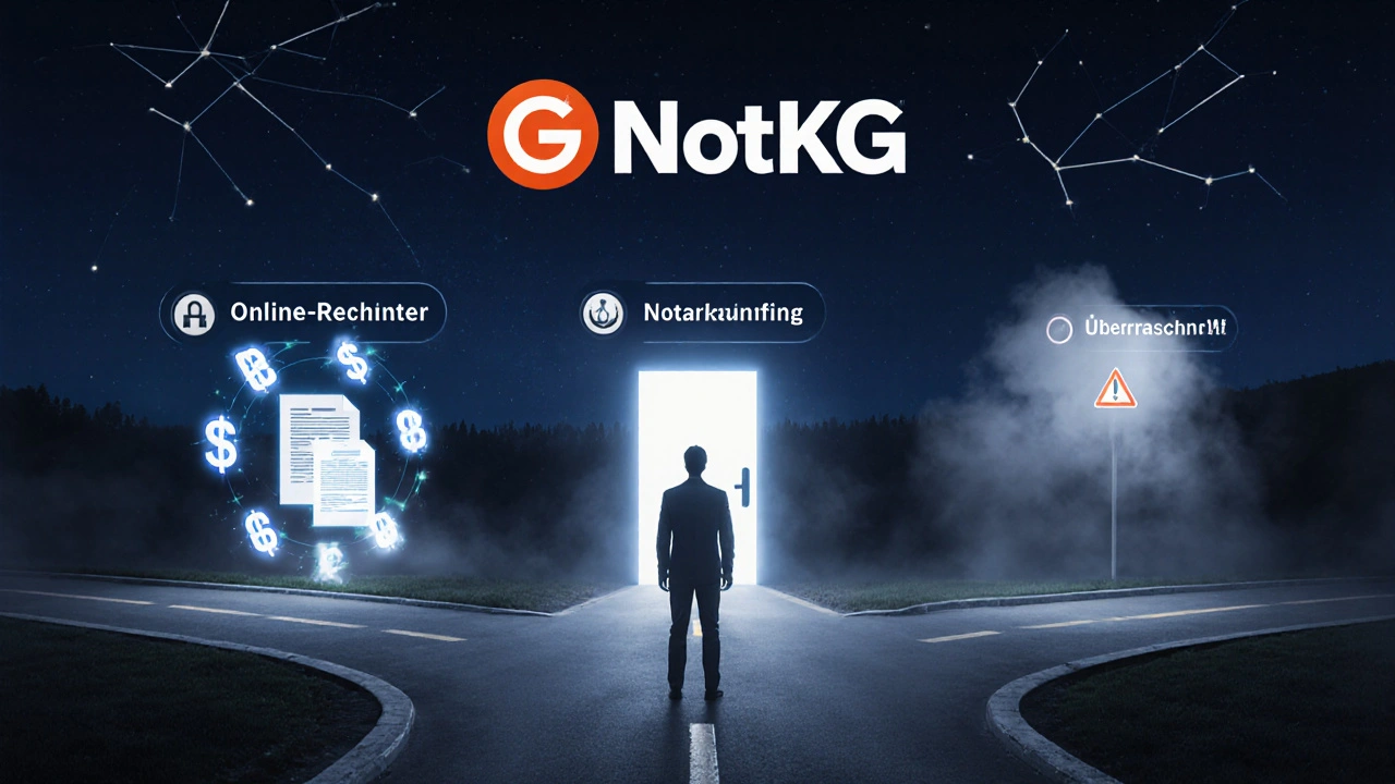 Mensch steht an einer Kreuzung zwischen Online-Rechner, Notarberatung und unerwarteten Kosten.