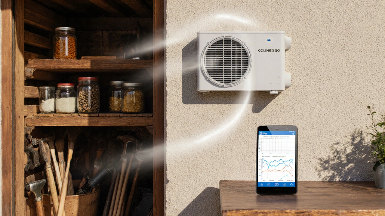 Modernes Lüftungsgerät an Hauswand mit Smartphone-App-Anzeige für Luftfeuchtigkeit.