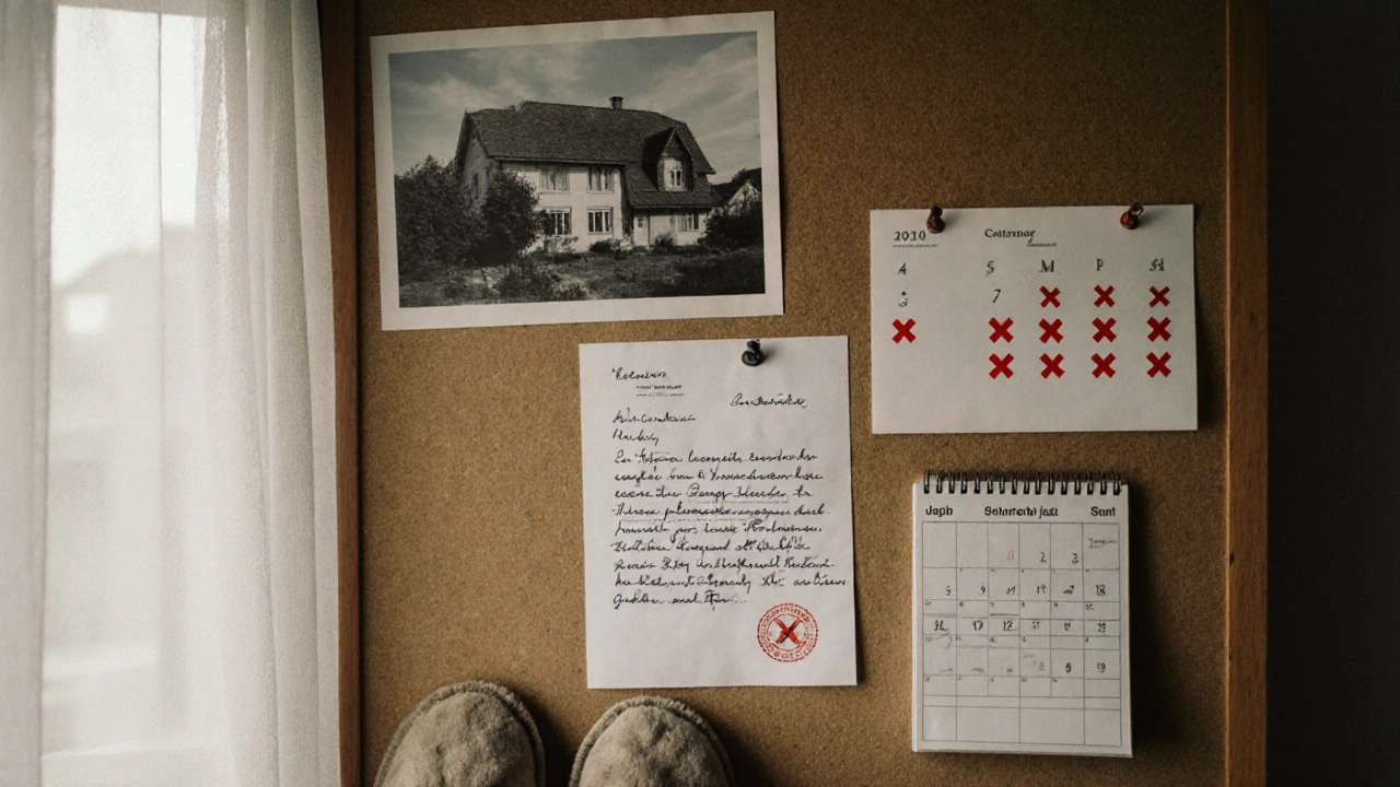 Offizielle Gerichtsmitteilung an einer Wohnzimmertafel mit Bankbrief und kalendermarkierungen.
