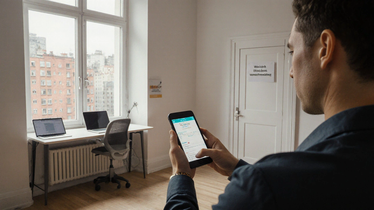 Property owner managing short-term rental on smartphone, co-working space in living room, urban backdrop.