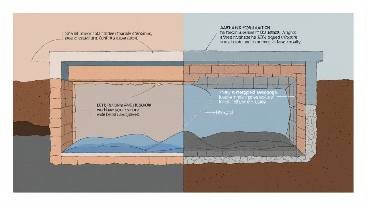 Querschnitt-Darstellung: Inneneinbringung vs. Außenabdichtung eines Kellers bei Feuchtigkeit.