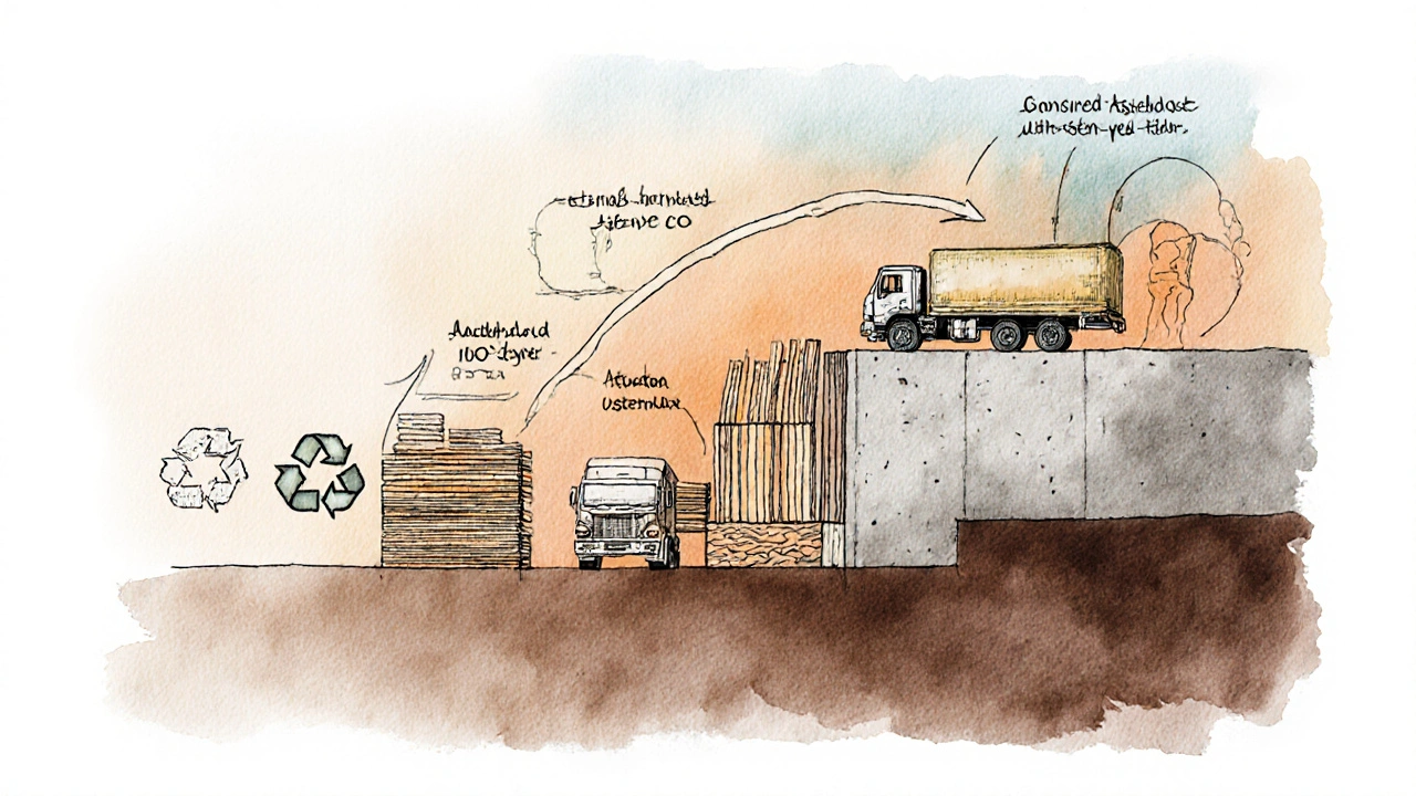 Querschnitt einer Wand mit Lebenszyklus-Diagramm: Holz speichert CO2, Beton verbraucht Energie, natürliche Farben, handgezeichnete Stilistik.
