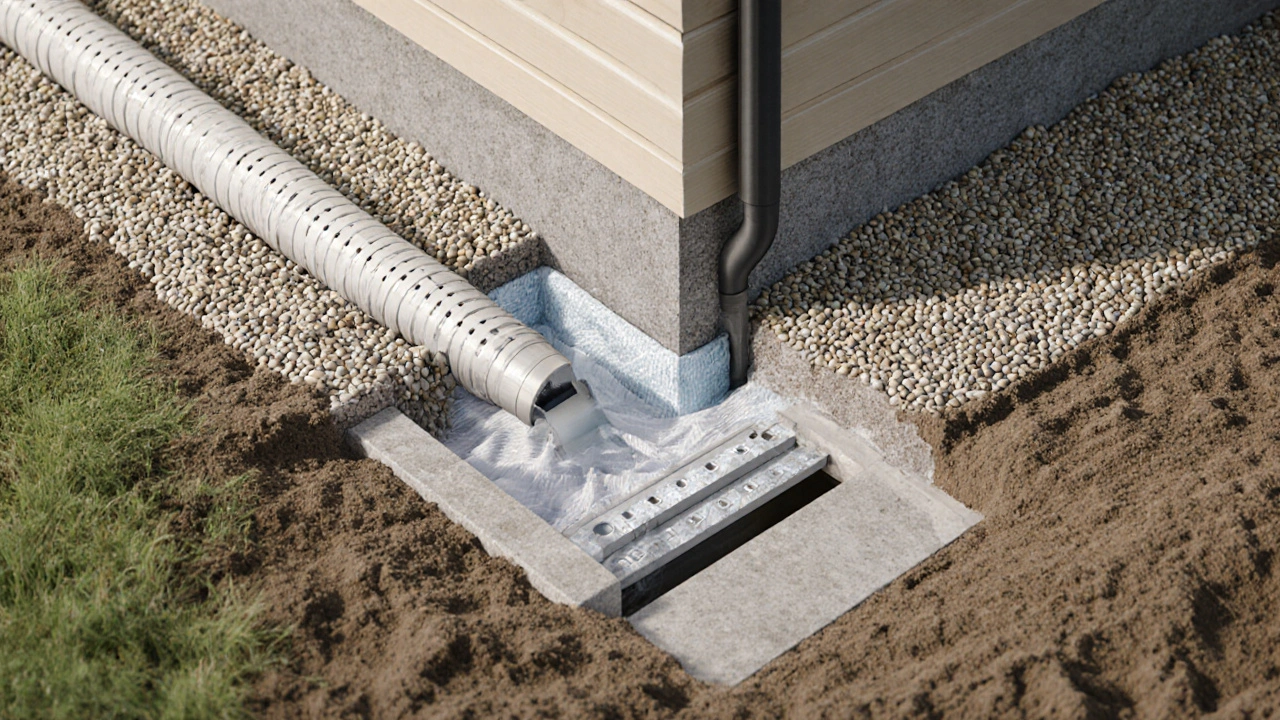 Querschnitt eines DIN 4095-konformen Drainagesystems um ein Fundament mit Kies, Vlies und Prüfschacht, in erdigen Farben dargestellt.