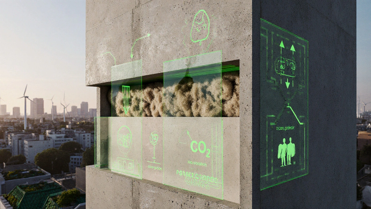 Querschnitt eines nachhaltigen Wandbaus mit recyceltem Beton, Hanfdämmung und Innenausstattung.